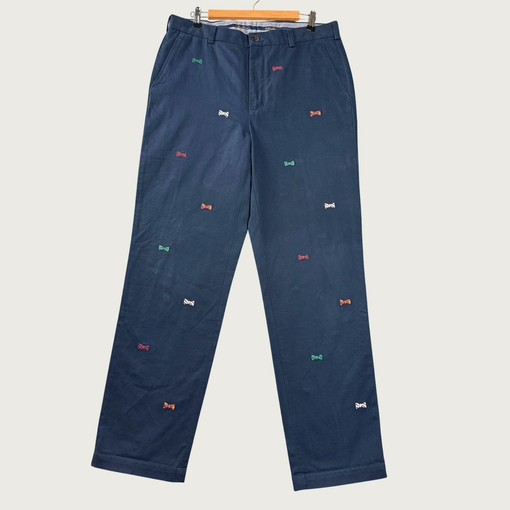 Brooks Brothers Clark Advantage Chino Navy Blue Embroidered Bow Tie Pants 34x33